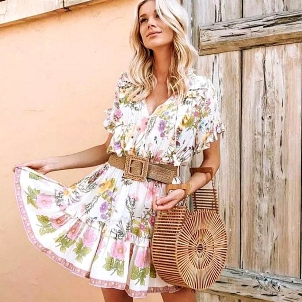 Floral Ruffle Mini Dress with Belt - White/Pink